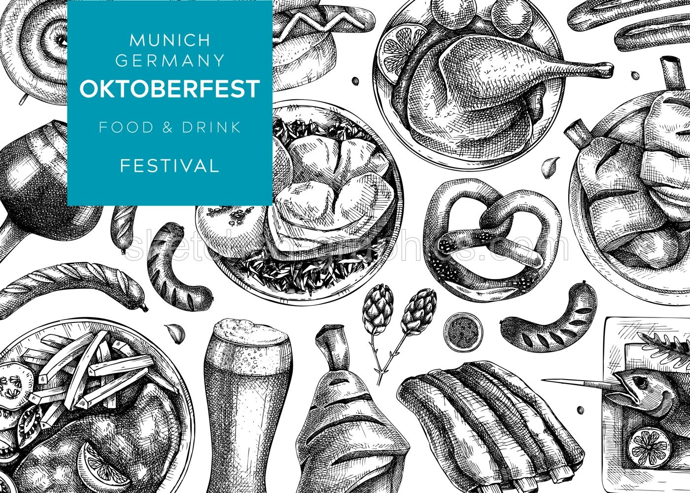 German food background. Oktoberfest menu design. Vector meat dishes sketches. German cuisine banner in vintage style. Traditional Food festival illustration. Black and white restaurant template Illustration